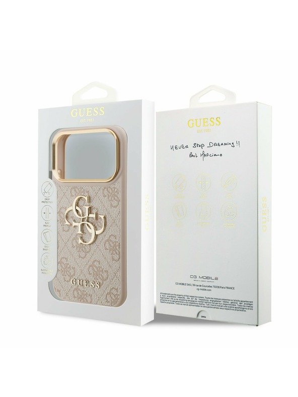 Guess Guess PU Leather 4G Metal Logo Gold Frame Hátlap iPhone 17 Pro számára Pink