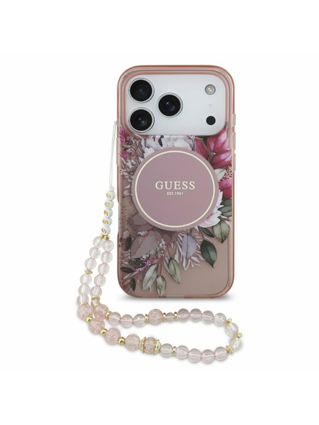 Guess Guess IML Flowers Strap MagSafe Hátlap iPhone 17 Pro számára Pink