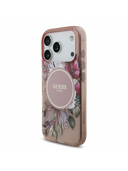Guess Guess IML Flowers Strap MagSafe Hátlap iPhone 17 Pro számára Pink