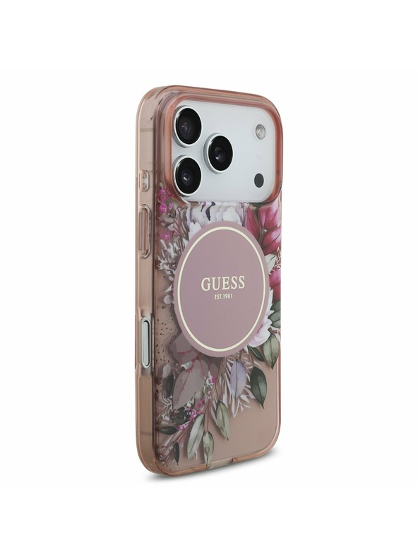 Guess Guess IML Flowers Strap MagSafe Hátlap iPhone 17 Pro számára Pink