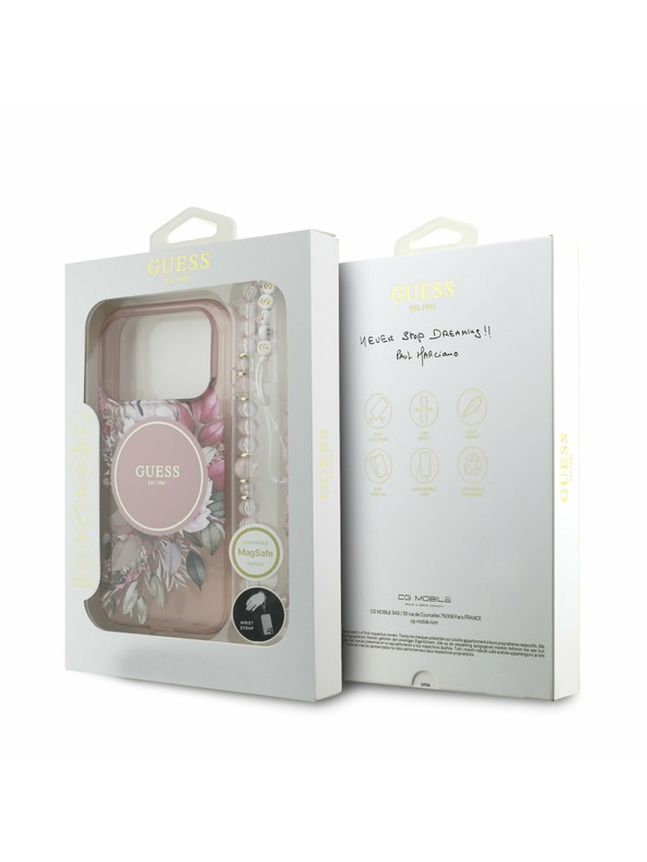 Guess Guess IML Flowers Strap MagSafe Hátlap iPhone 17 Pro számára Pink