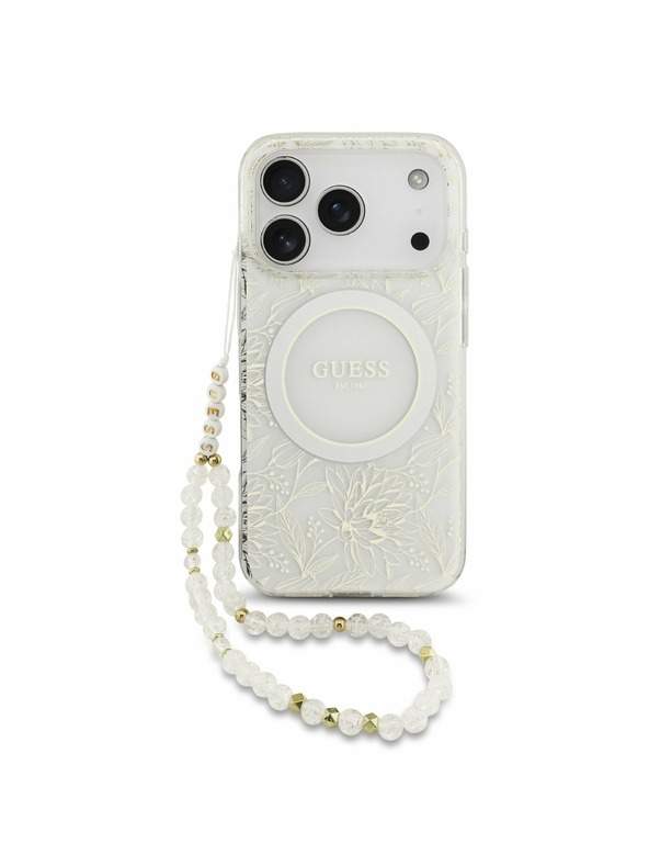 Guess Guess IML Flowers Allover Strap MagSafe Hátlap iPhone 17 Pro számára White