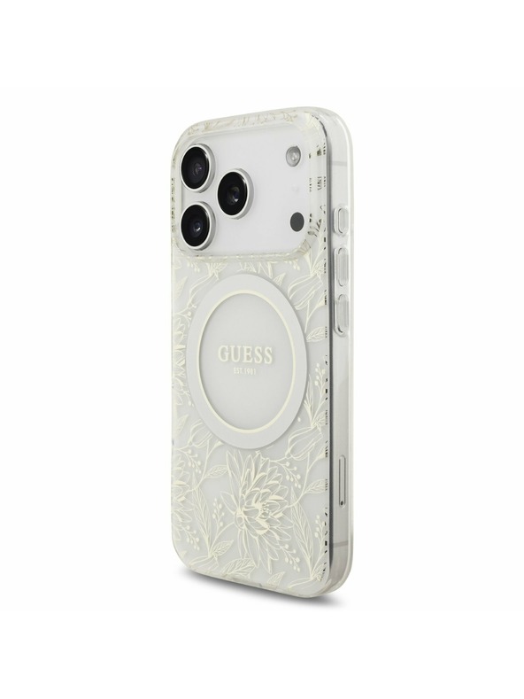 Guess Guess IML Flowers Allover Strap MagSafe Hátlap iPhone 17 Pro számára White