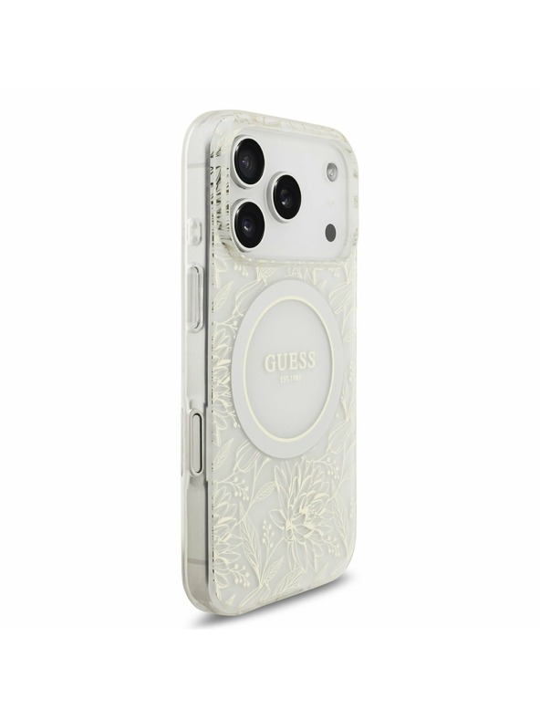 Guess Guess IML Flowers Allover Strap MagSafe Hátlap iPhone 17 Pro számára White