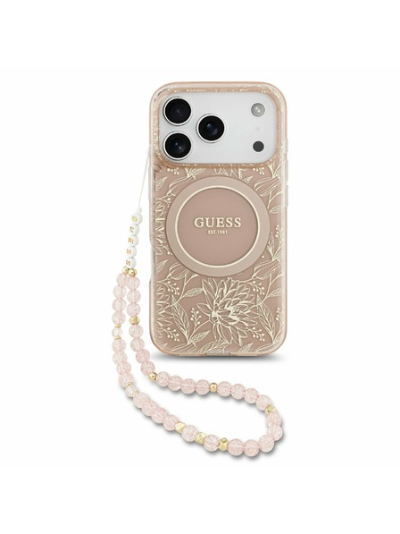 Guess Guess IML Flowers Allover Strap MagSafe Hátlap iPhone 17 Pro számára Pink