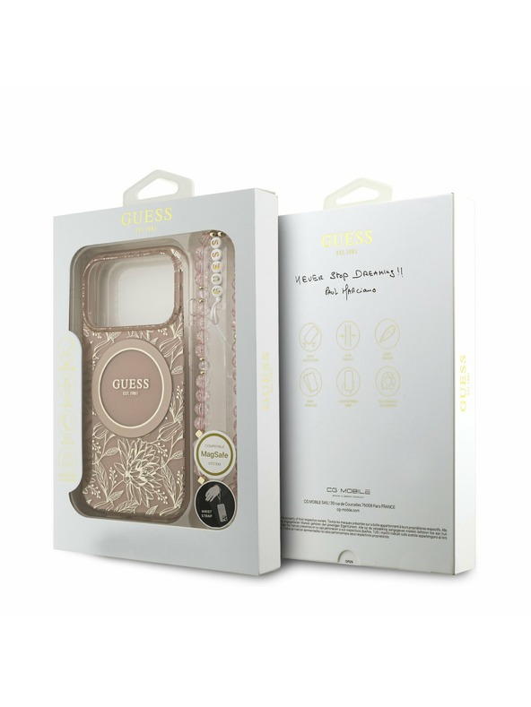 Guess Guess IML Flowers Allover Strap MagSafe Hátlap iPhone 17 Pro számára Pink