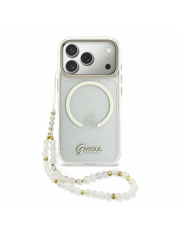 Guess Guess IML Glitter Script Strap MagSafe Hátlap iPhone 17 Pro számára Transparent
