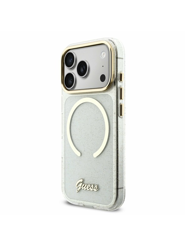 Guess Guess IML Glitter Script Strap MagSafe Hátlap iPhone 17 Pro számára Transparent