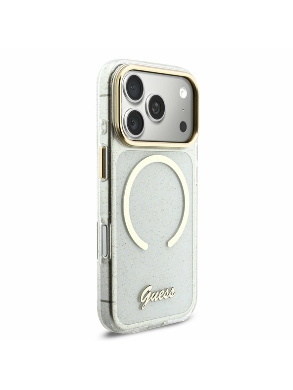 Guess Guess IML Glitter Script Strap MagSafe Hátlap iPhone 17 Pro számára Transparent