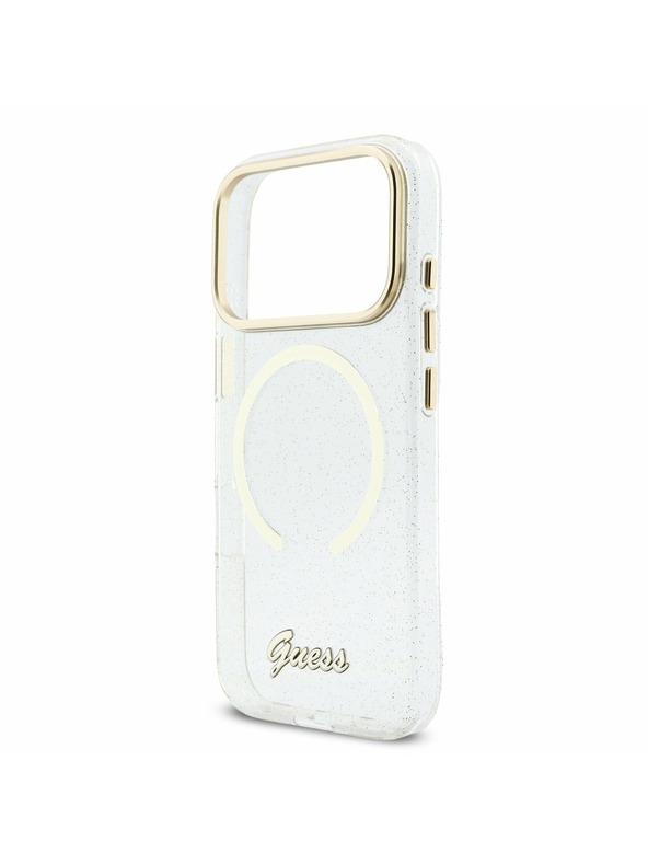 Guess Guess IML Glitter Script Strap MagSafe Hátlap iPhone 17 Pro számára Transparent