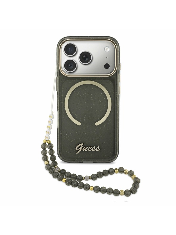 Guess Guess IML Glitter Script Strap MagSafe Hátlap iPhone 17 Pro számára Black