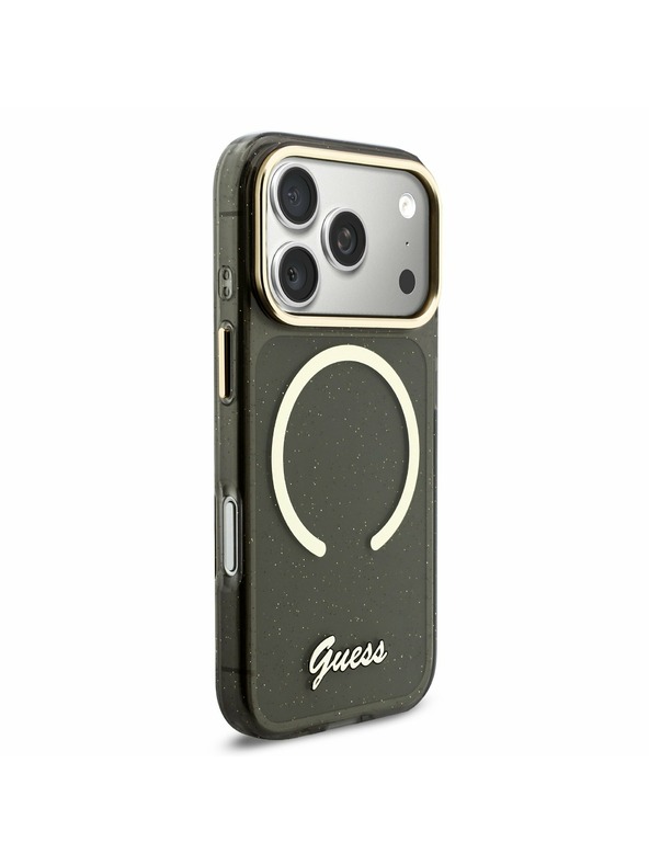 Guess Guess IML Glitter Script Strap MagSafe Hátlap iPhone 17 Pro számára Black