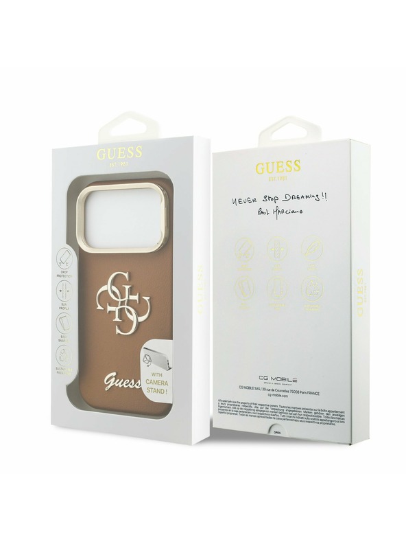 Guess Guess PU Grained 4G Logo Stand Camera Frame Hátoldal iPhone 17 Pro Brown