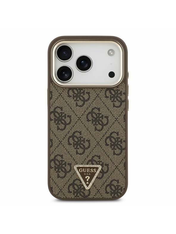 Guess Guess PU Leather 4G Strass Triangle Logo Gold Frame MagSafe Hátoldal iPhone 17 Pro Brown