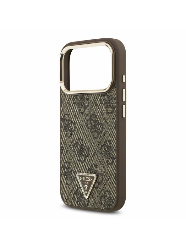 Guess Guess PU Leather 4G Strass Triangle Logo Gold Frame MagSafe Hátoldal iPhone 17 Pro Brown