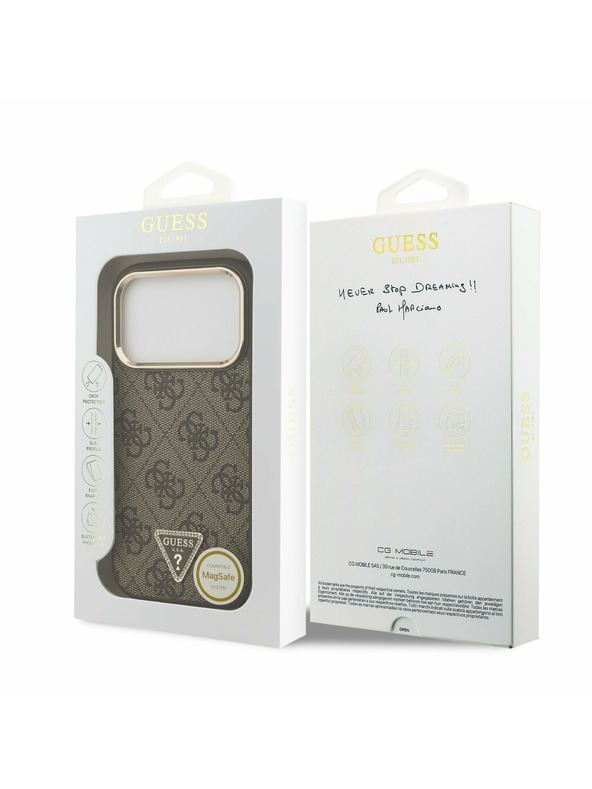 Guess Guess PU Leather 4G Strass Triangle Logo Gold Frame MagSafe Hátoldal iPhone 17 Pro Brown