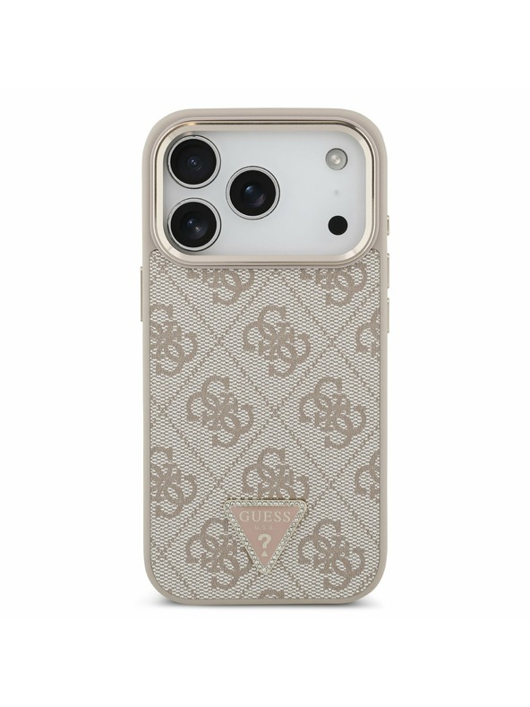 Guess Guess PU Leather 4G Strass Triangle Logo Gold Frame MagSafe Hátoldal iPhone 17 Pro Pink