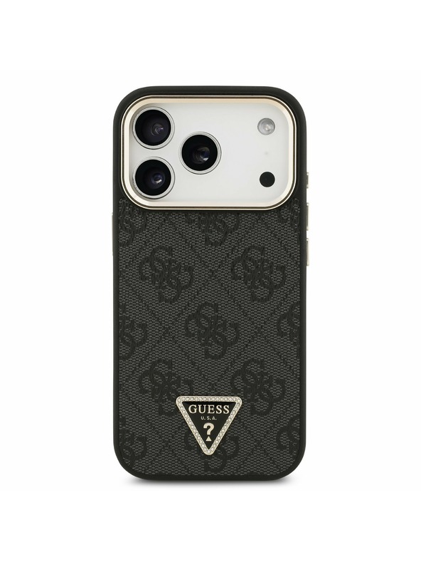 Guess Guess PU Leather 4G Strass Triangle Logo Gold Frame MagSafe Hátoldal iPhone 17 Pro Black