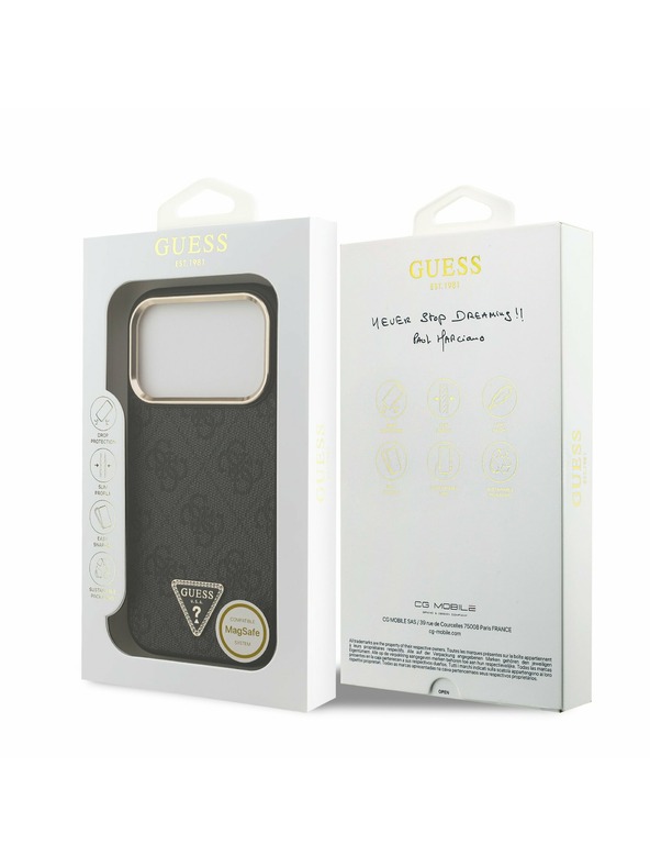 Guess Guess PU Leather 4G Strass Triangle Logo Gold Frame MagSafe Hátoldal iPhone 17 Pro Black