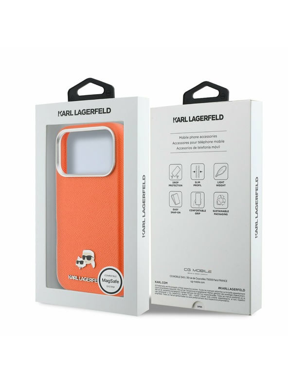 Karl Lagerfeld Karl Lagerfeld PU Karl and Choupette Heads Pins MagSafe Hátoldal iPhone 17 Pro Orange