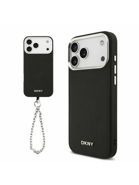DKNY DKNY PU Leather Metal Logo Wrist Chain MagSafe Hátlap iPhone 17 Pro Max-hoz Black