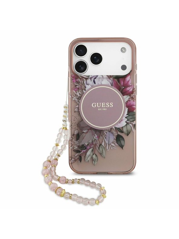 Guess Guess IML Virágok Pánt MagSafe Hátlap iPhone 17 Pro Max-hoz Rózsaszín