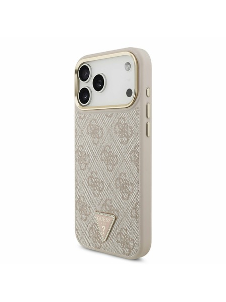Guess Guess PU Bőr 4G Strass Háromszög Logo Arany Keret MagSafe Hátlap iPhone 17 Pro Max-hoz Rózsaszín