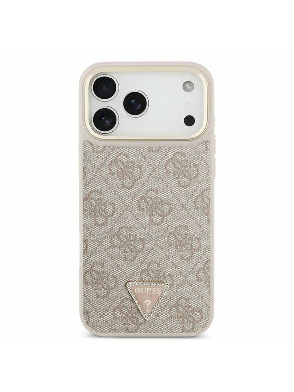 Guess Guess PU Bőr 4G Strass Háromszög Logo Arany Keret MagSafe Hátlap iPhone 17 Pro Max-hoz Rózsaszín