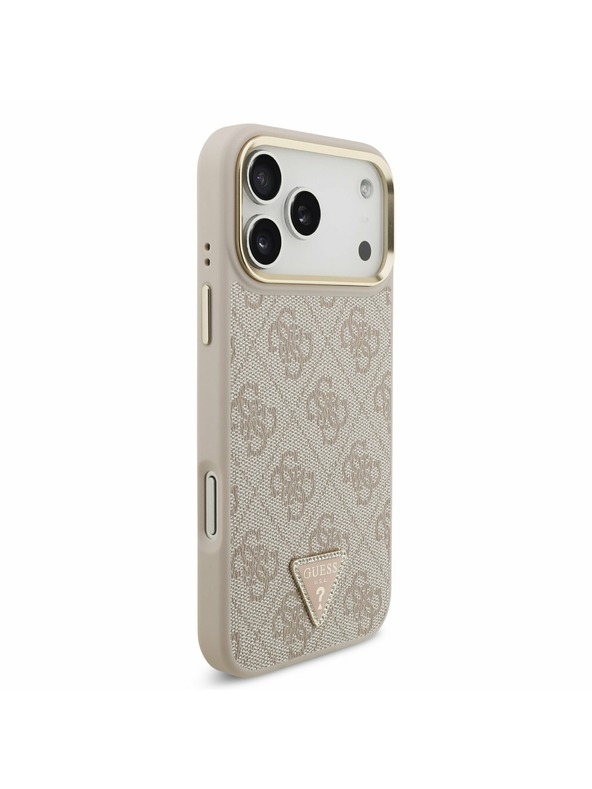 Guess Guess PU Bőr 4G Strass Háromszög Logo Arany Keret MagSafe Hátlap iPhone 17 Pro Max-hoz Rózsaszín