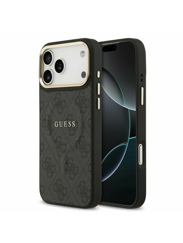 Guess Guess PU Bőr 4G Arany Keret MagSafe Hátlap iPhone 17 Pro Max-hoz Fekete