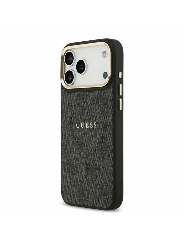 Guess Guess PU Bőr 4G Arany Keret MagSafe Hátlap iPhone 17 Pro Max-hoz Fekete