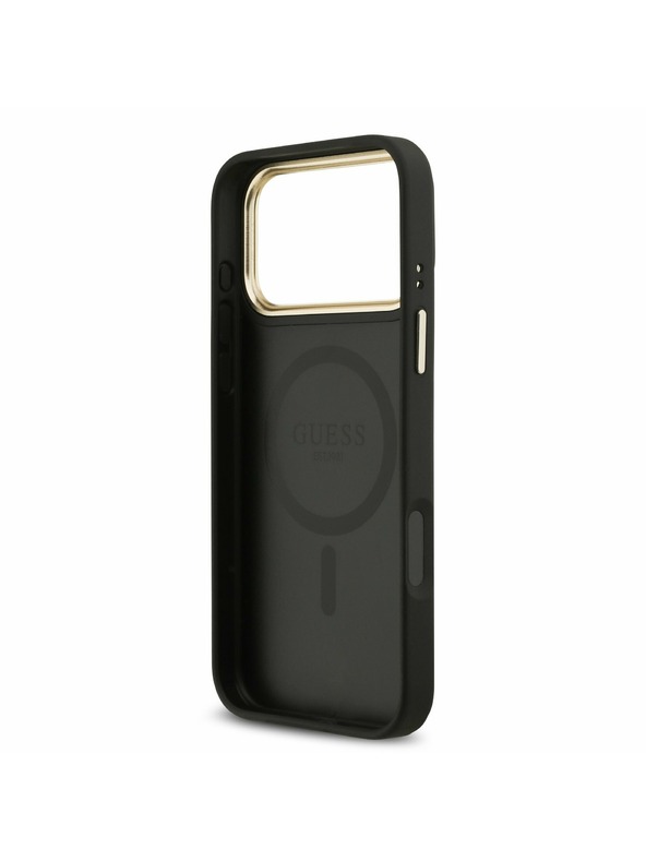 Guess Guess PU Bőr 4G Arany Keret MagSafe Hátlap iPhone 17 Pro Max-hoz Fekete