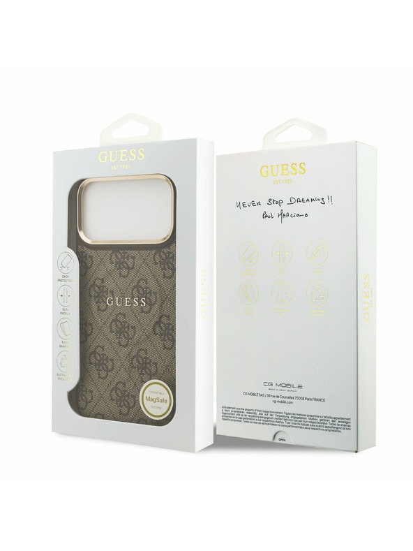 Guess Guess PU Bőr 4G Arany Keret MagSafe Hátlap iPhone 17 Pro Max-hoz Barna