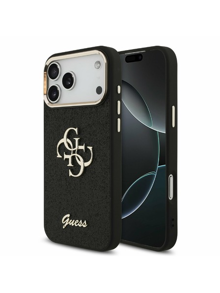 Guess Guess PU Fixed Glitter 4G Metal Keret Hátlap iPhone 17 Pro Max-hoz Fekete