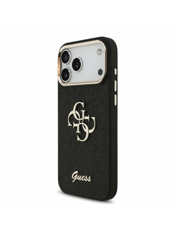 Guess Guess PU Fixed Glitter 4G Metal Keret Hátlap iPhone 17 Pro Max-hoz Fekete