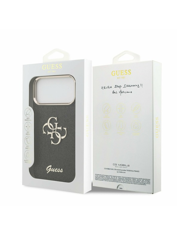Guess Guess PU Fixed Glitter 4G Metal Keret Hátlap iPhone 17 Pro Max-hoz Fekete