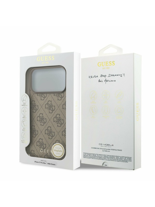 Guess Guess 4G Charm MagSafe Hátlap iPhone 17 Pro Max-hoz Tone on Tone Barna