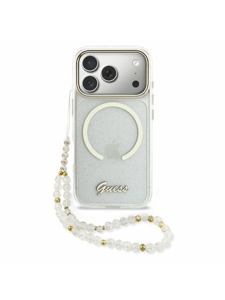 Guess Guess IML Glitter Script Pánt MagSafe Hátlap iPhone 17 Pro Max-hoz Átlátszó
