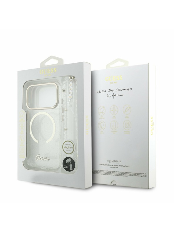 Guess Guess IML Glitter Script Pánt MagSafe Hátlap iPhone 17 Pro Max-hoz Átlátszó