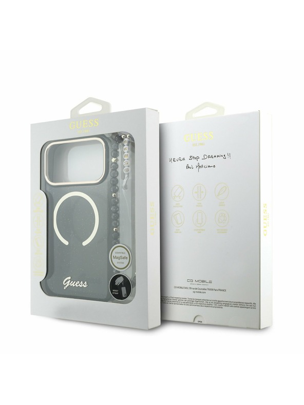 Guess Guess IML Glitter Script Pánt MagSafe Hátlap iPhone 17 Pro Max-hoz Fekete