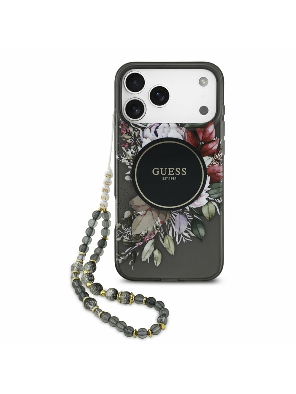 Guess Guess IML Flowers Pánt MagSafe Hátsó Tok iPhone 17 Pro Max-hoz Fekete