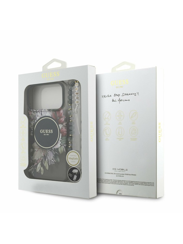 Guess Guess IML Flowers Pánt MagSafe Hátsó Tok iPhone 17 Pro Max-hoz Fekete