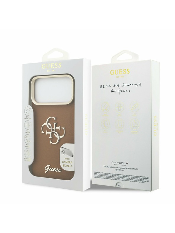 Guess Guess PU Grained 4G Logo Stand Camera Frame Hátsó Tok iPhone 17 Pro Max-hoz Barna