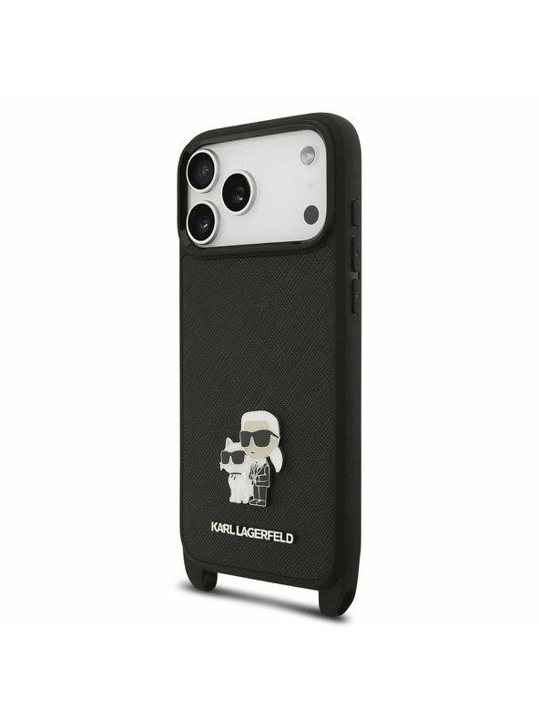 Karl Lagerfeld Karl Lagerfeld Saffiano Crossbody Pánt Metal Karl and Choupette Hátsó Tok iPhone 17 Pro Max-hoz Fekete