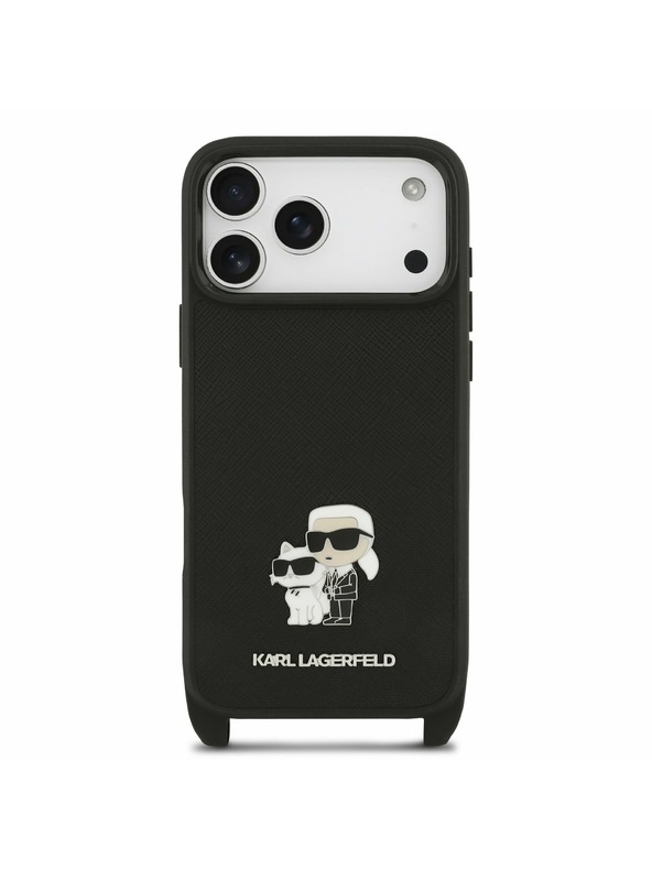Karl Lagerfeld Karl Lagerfeld Saffiano Crossbody Pánt Metal Karl and Choupette Hátsó Tok iPhone 17 Pro Max-hoz Fekete