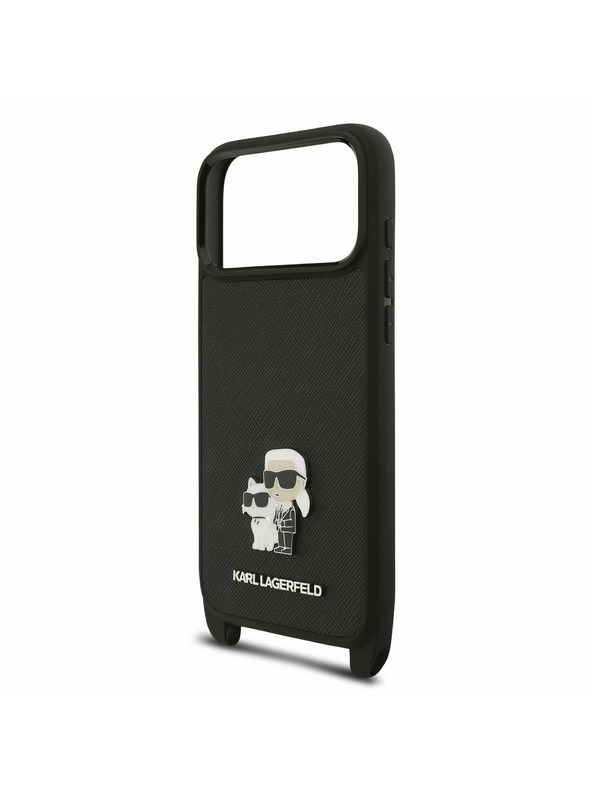 Karl Lagerfeld Karl Lagerfeld Saffiano Crossbody Pánt Metal Karl and Choupette Hátsó Tok iPhone 17 Pro Max-hoz Fekete