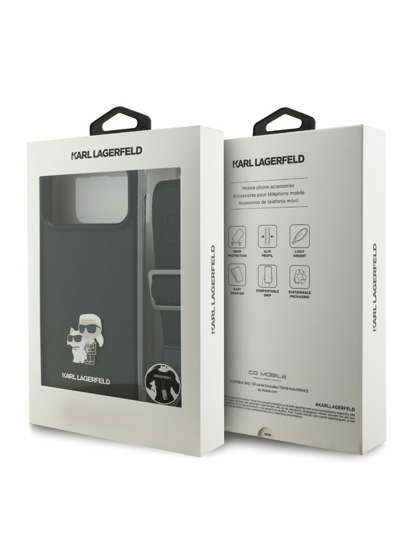 Karl Lagerfeld Karl Lagerfeld Saffiano Crossbody Pánt Metal Karl and Choupette Hátsó Tok iPhone 17 Pro Max-hoz Fekete