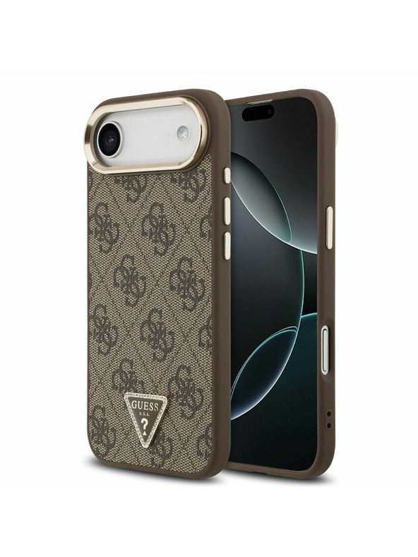 Guess Guess PU Leather 4G Strass Triangle Logo Gold Frame MagSafe Hátlap iPhone Air számára Barna