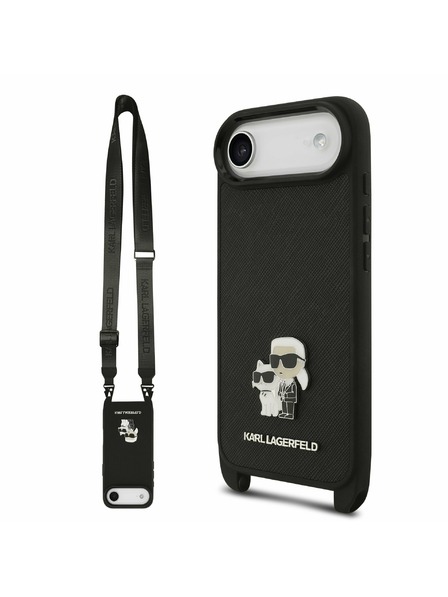 Karl Lagerfeld Karl Lagerfeld Saffiano Crossbody Pánt Metal Karl and Choupette Hátlap iPhone Air számára Fekete