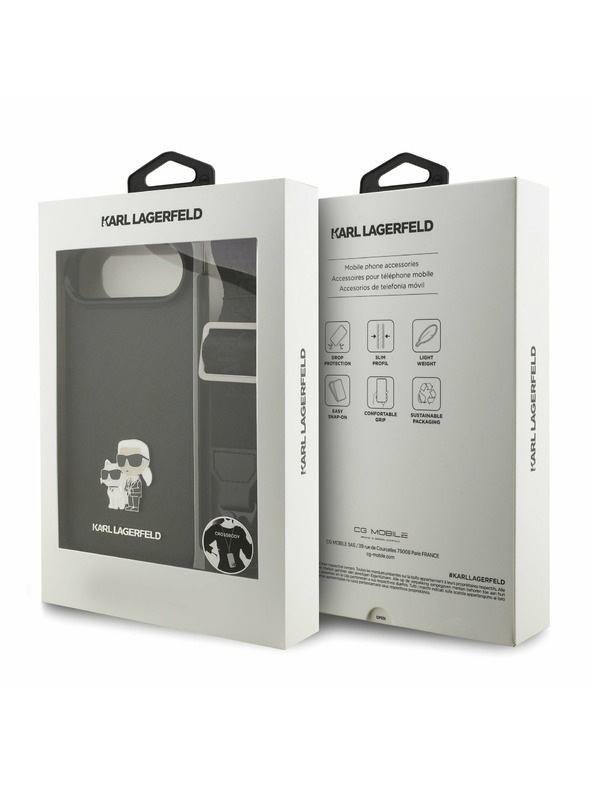 Karl Lagerfeld Karl Lagerfeld Saffiano Crossbody Pánt Metal Karl and Choupette Hátlap iPhone Air számára Fekete